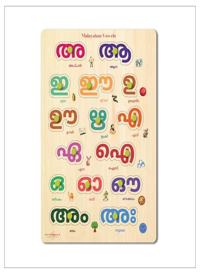 Khilonewale Wooden Knob Puzzle - Malayalam Language Alphabets Learning Board for Kids | 9x12 inch Educational Toy for 3+ Years | Toddler Early Learning Puzzle (Malayalam Vowel) - Image 1